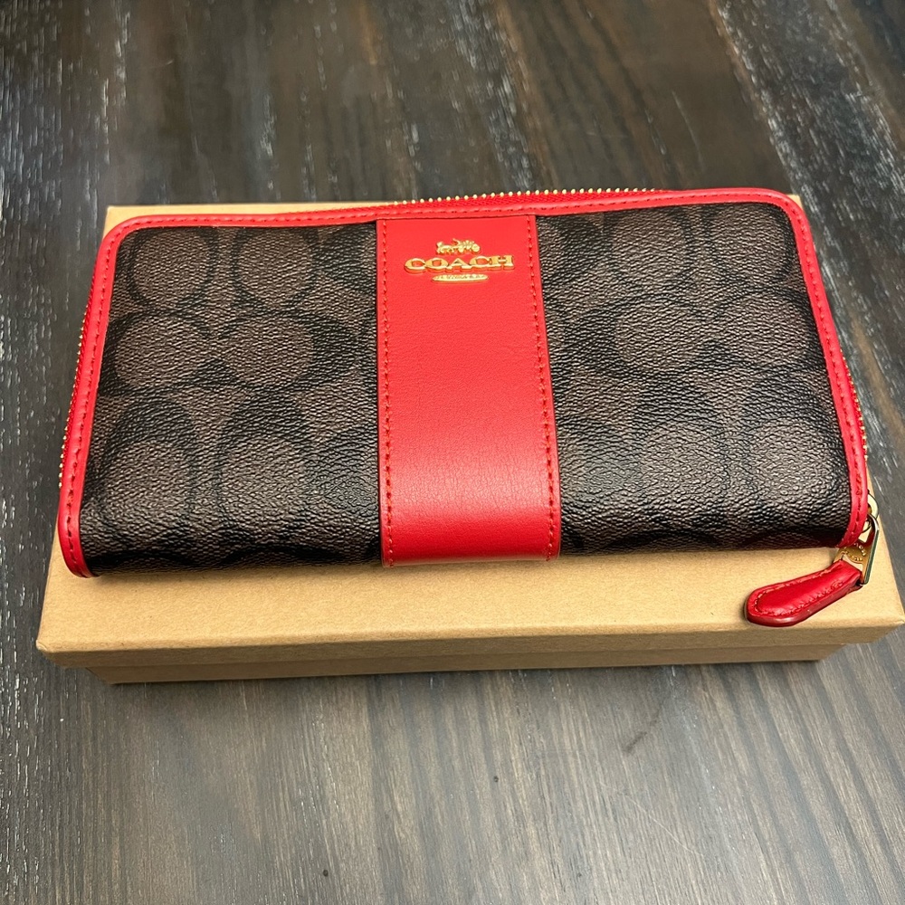 Coach Long Accordion Wallet In Signature Canvas With Red